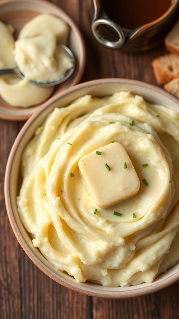 A bowl of creamy mashed potatoes with butter and chives on a rustic table.